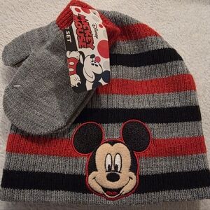 Disney Mickey Mouse Striped Knit Beanie & Mitten Set 2T-5T Black Red Gray NWT